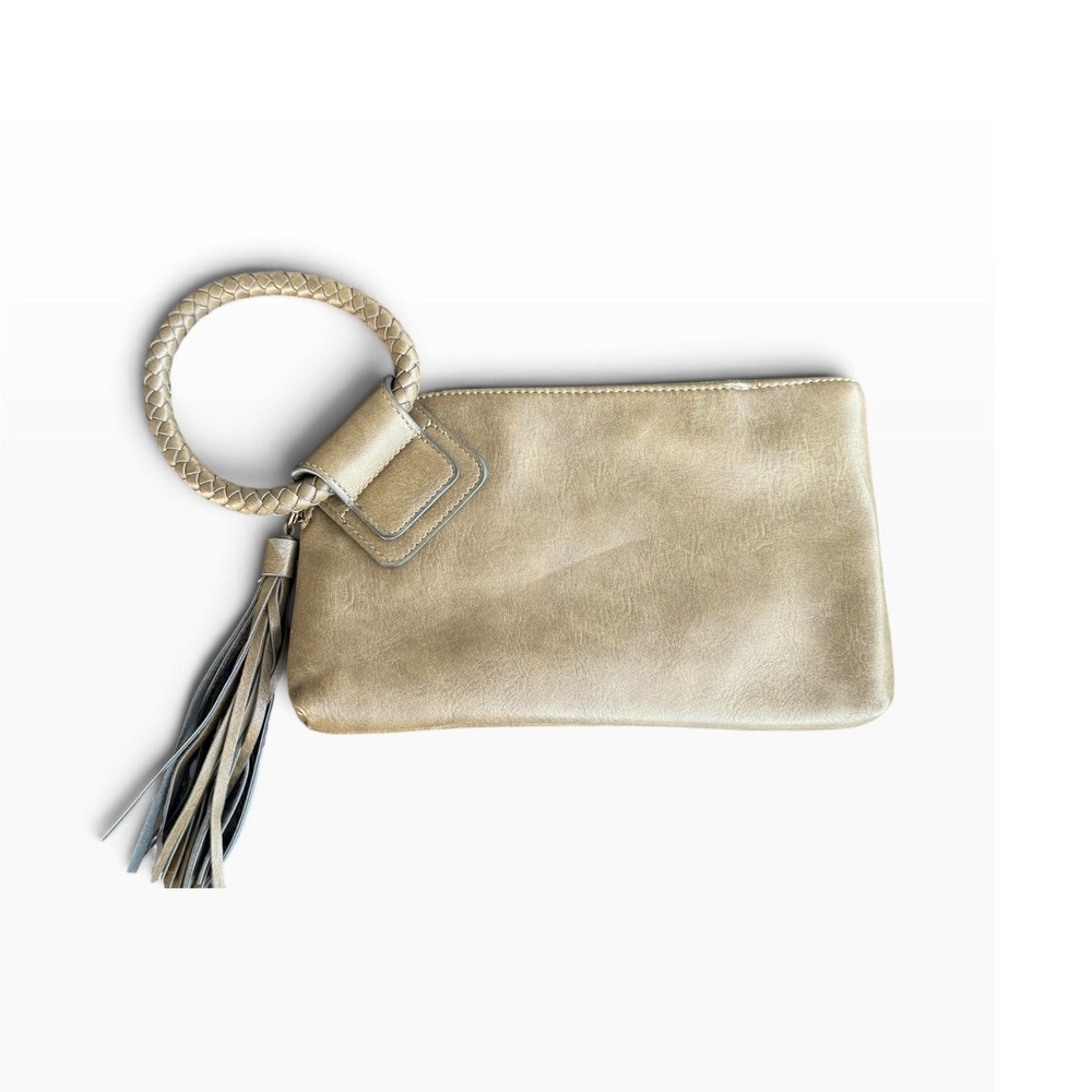 Metro Muse USA Taupe Wristlet Clutch Tassel Braided Handle Card Slots